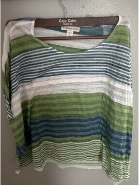 Coldwater Creek Striped Blouse Womens M 10-12 Green Blue Sheer Knit Poncho Top